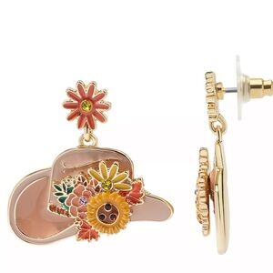 Earrings drop gold tone crystal floral cowboy hat